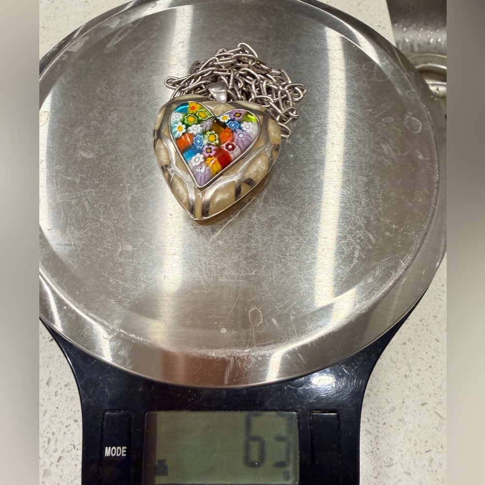 Murano AUTH Mosaic Heart Millefiori PENDANT Mother of Pearl .925 Silver Alan K. - Picture 13 of 13